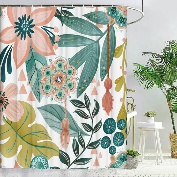 Abstract Bohemian Floral Botanical Shower Curtain, Mid Century Morden Boho Shower Curtain, Waterproof Shower Curtains for Bathroom