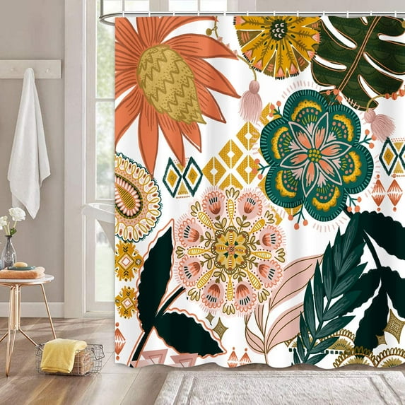 Abstract Bohemian Floral Botanical Shower Curtain, Mid Century Morden Boho Shower Curtain, Waterproof Shower Curtains for Bathroom