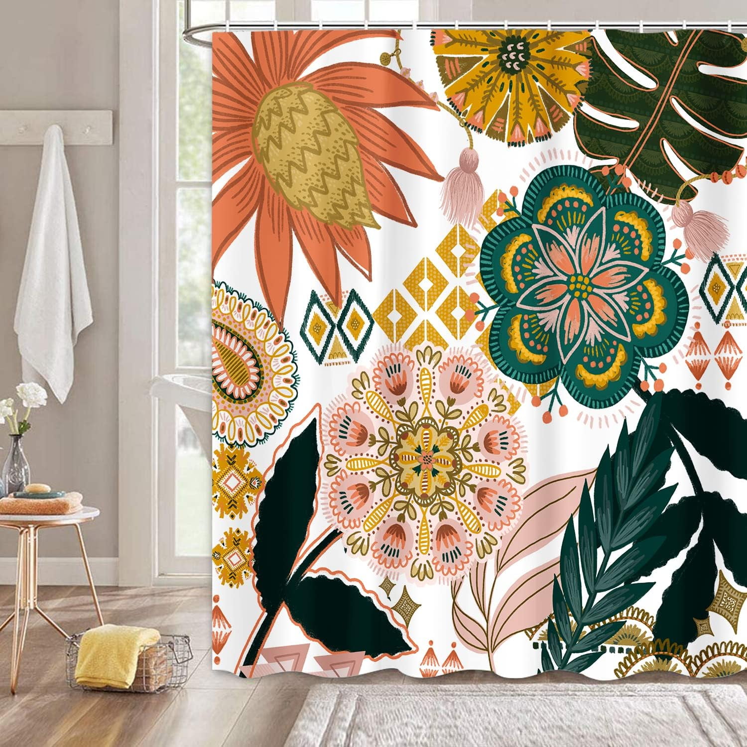 Abstract Bohemian Floral Botanical Shower Curtain, Mid Century Morden