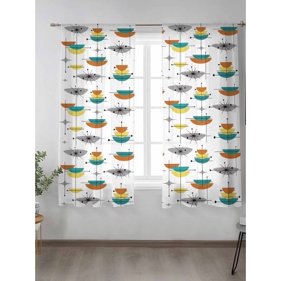 Abstract Bohemian Pattern Chiffon Sheer Curtains 72 Inches Long, Green Yellow Color Block 2 Rod Pocket Window Treatment Voile Drapes Curtains for Living Room Bedroom,2 Panels, 52x72In