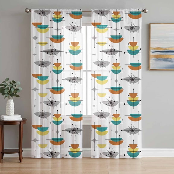 Abstract Bohemian Pattern Chiffon Sheer Curtains 84 Inches Long, Green Yellow Color Block 2 Rod Pocket Window Treatment Voile Drapes Curtains for Living Room Bedroom,2 Panels, 52x84In