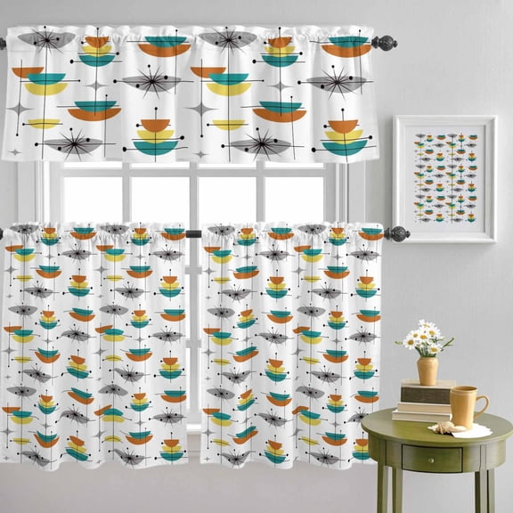Abstract Bohemian Pattern Curtain Tier and Valance Set 3 Piece, Green Yellow Color Block 3-inch Rod Pocket Window Tier Curtains Valance for Kitchen Living Room