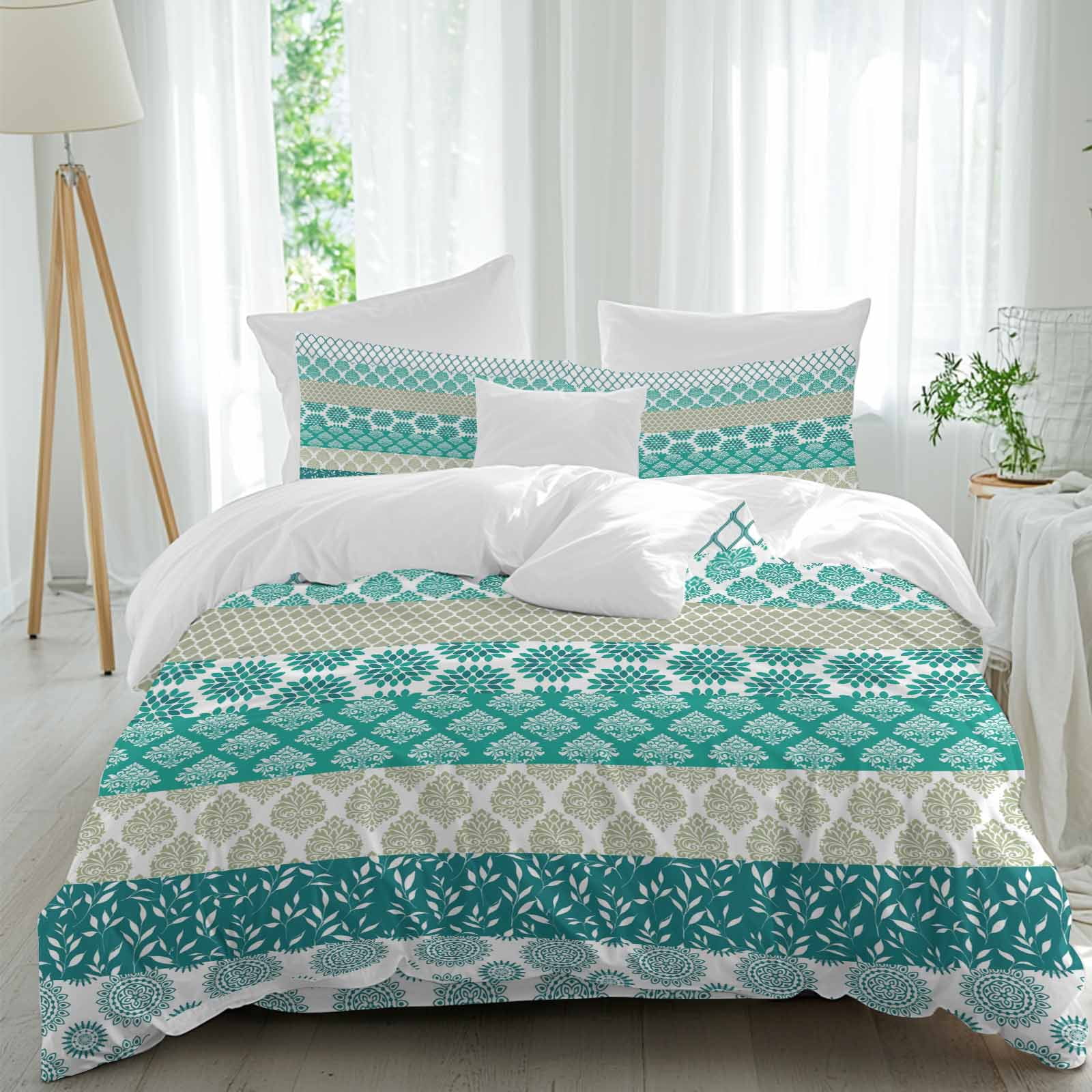 Abstract Bohemian Twin Size Comforter Set, Teal Green Boho Floral ...