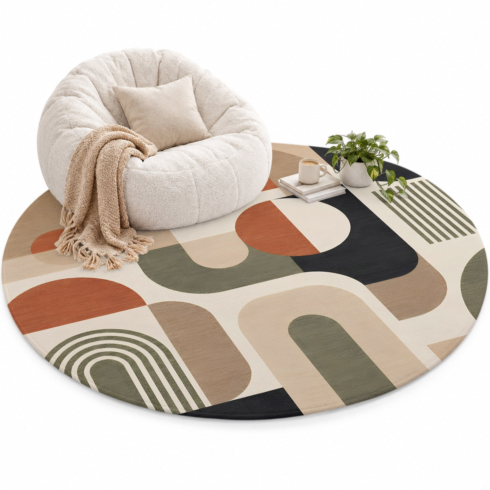 Abstract Boho Area Rug 4', Rustic Sand Black Arch Lines Minimalist ...