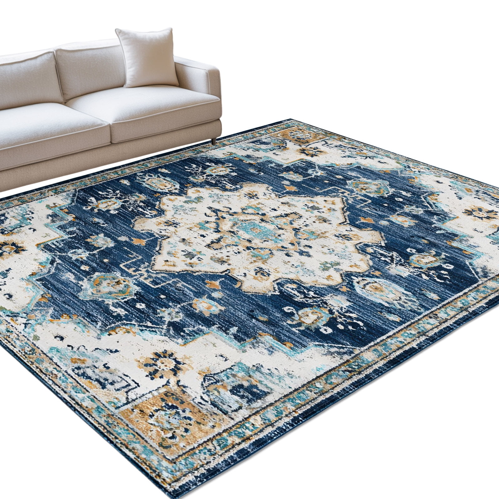 Abstract Boho Area Rug, Vintage Deep Blue Beige Botanical Texture Non ...
