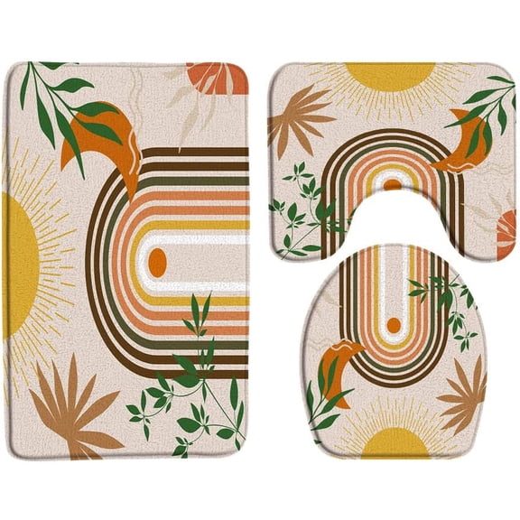 Abstract Boho Bath Mat Tropical Leaf Mid Century Modern Rainbow Arch Sun Moon Green Leaves 3 Piece Bath Rug Sets