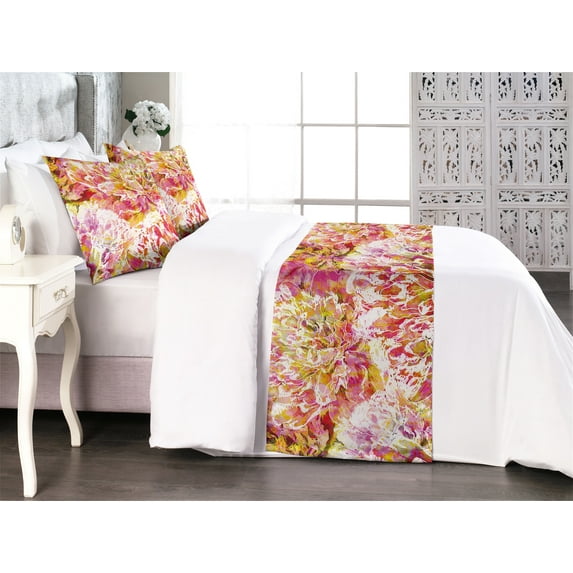 Abstract Boho Bed Runner Set, Watercolor Design Peony Look Floral Silhouettes Grunge Artwork, Decorative Bedding Scarf & 2 Pillow Shams for Hotels Homes, King, Pale Pink Yellow Green, by Ambesonne