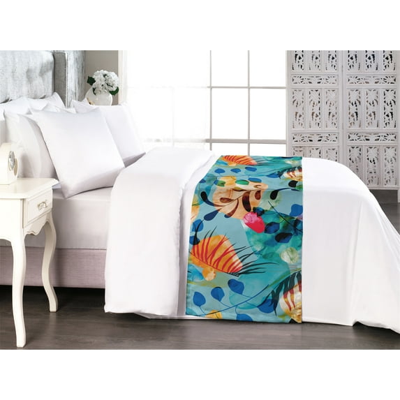 Abstract Boho Bed Runner, Tropical Feels Leafy Pattern with Geometric Shapes with Dreamy Colors, Decorative Accent Bedding Scarf for Hotels Homes & Guest Rooms, Queen, Seafoam Multicolor, by Ambesonne