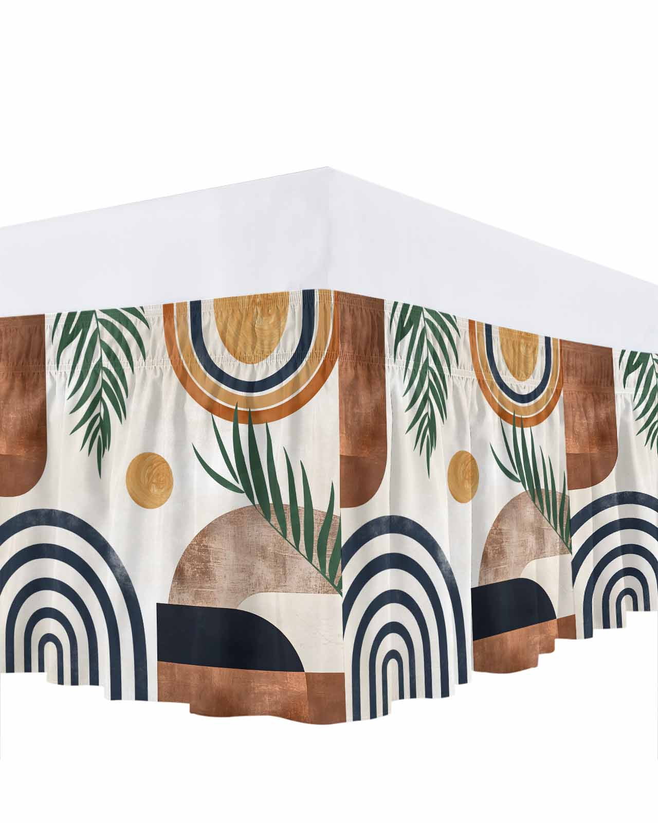 Abstract Boho Bed Skirt Cal King Size, Bohemian Palm Leaf Geometric Leaf Circle Wrap Around Bed Skirting with Adjustable Elastic Strap, Dust Ruffled Pleated Bedskirts 18 Inch Drop for Bedroom Beds