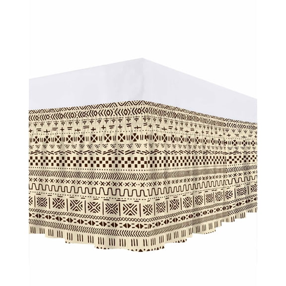 Abstract Boho Bed Skirt Cal King Size, Modern African Ethnic Geometric Beige Wrap Around Bed Skirting with Adjustable Elastic Strap, Dust Ruffled Pleated Bedskirts 18 Inch Drop for Bedroom Beds