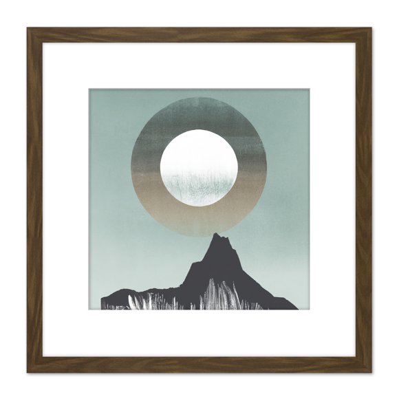 Abstract Boho Bohemian Moon Above Mountain Silhouette Grey Green Pastel Painting Square Wooden Framed Wall Art Print Picture 8X8 Inch