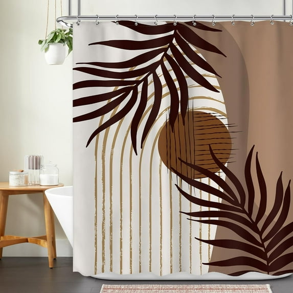 Abstract Boho Brown Aesthetic Shower Curtain, Mid Century Geometric Sun Shower Curtain Bathroom Set, Modern Terracotta Minimalist Plant Leaves Aesthetic Bathtub Accessories Decor 72Wx72L