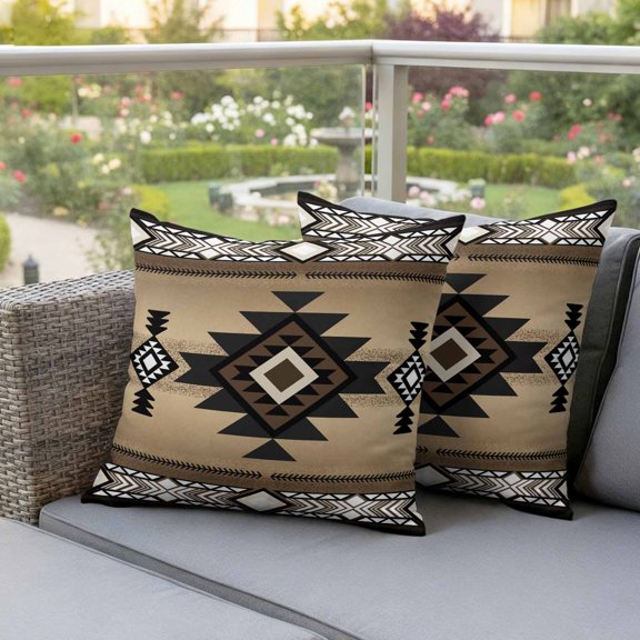 Abstract Boho Brown Geometric Pattern Waterproof Throw Pillow Covers Set of 2 Retro Southwest Theme Outdoor Cushion Cover Pillow Protector Decorative Pillowcases for Bed Sofa Couch