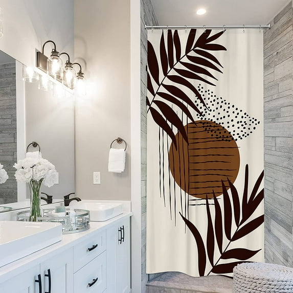 Abstract Boho Brown Leaves Stall Shower Curtain Small Bathroom Set 36Wx72H Inch Modern Mid Century Aesthetic Minimalist Geometric Palm Plant Bath Accessories Art Home Decor Fabric 7 Pack Hooks
