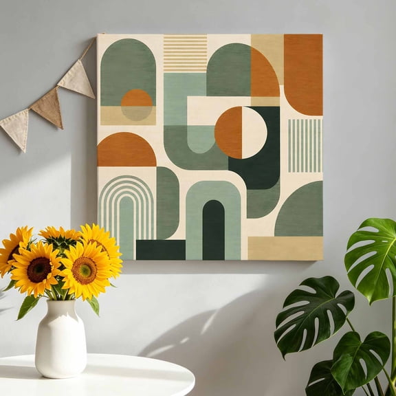Abstract Boho Canvas Wall Art, Fall Rustic Orange Green Ochre Arch Lines Minimalist Framed Canvas Wall Decor Picture Print Artwork Decorations for Living Room Office Ready to Hang 8" x 8"