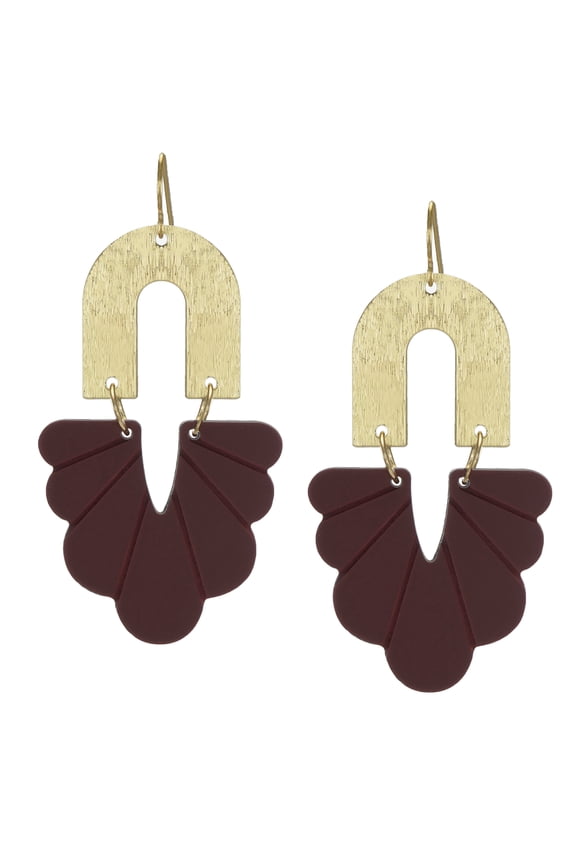 Abstract Boho Chic Flower & Gold Statement Earrings, Hypoallergenic, Burgundy