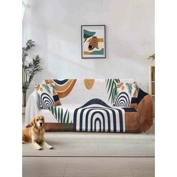 Abstract Boho Couch Cover, Bohemian Palm Leaf Geometric Leaf Circle Sofa Cover Blanket for 3 Cushion Couch, Sectional Sofa Slipcover Furniture Protector for Living Room Bedroom 71''x134''