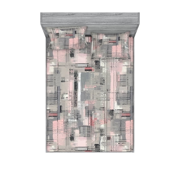 Abstract Boho Fitted Sheet & Pillow Sham Set, Contemporary Feels Nude Colors Grunge Artwork with Stripes and Dots, Decorative Printed 3 Piece Bedding Decor, King, Soft Pink Blue Grey, by Ambesonne