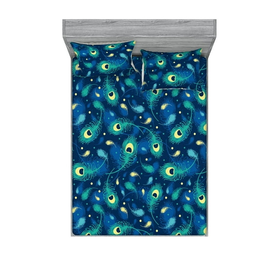 Abstract Boho Fitted Sheet & Pillow Sham Set, Night Time Colors Peacock Feathers Pattern Dreamy Vibes Print, Decorative Printed 3 Piece Bedding Decor, Queen, Sea Green Pastel Yellow, by Ambesonne
