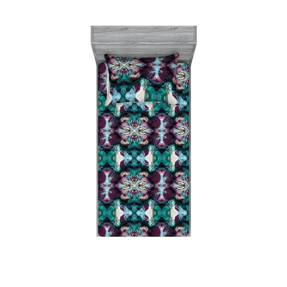Abstract Boho Fitted Sheet & Pillow Sham Set, Psychedelic Vibes Hippie Style Fractal Design Hues Pattern Print, Decorative Printed 2 Piece Bedding Decor, Twin, Teal Raspberry Seafoam, by Ambesonne