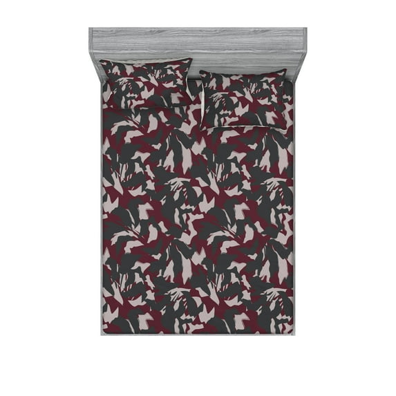 Abstract Boho Fitted Sheet & Pillow Sham Set, Surreal Bicolour Tones Jumble Shapes and Strokes Pattern Print, Decorative Printed 3 Piece Bedding Decor, King, Burgundy Charcoal Grey, by Ambesonne