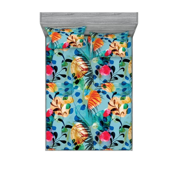 Abstract Boho Fitted Sheet & Pillow Sham Set, Tropical Feels Leafy Pattern with Geometric Shapes with Dreamy Colors, Decorative Printed 3 Piece Bedding Decor, Queen, Seafoam Multicolor, by Ambesonne