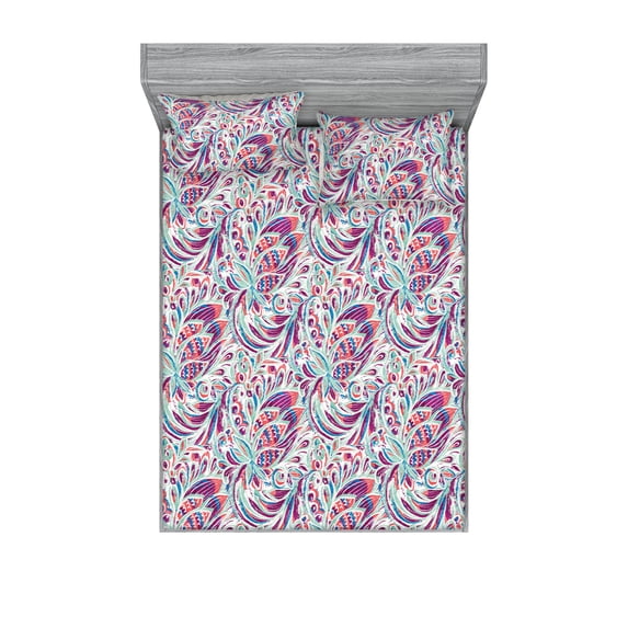 Abstract Boho Fitted Sheet & Pillow Sham Set, Vintage Design Leafy Look Colorful Motif Pattern Autumnal Vibes Art, Decorative Printed 3 Piece Bedding Decor, Full, Almond Green Magenta, by Ambesonne