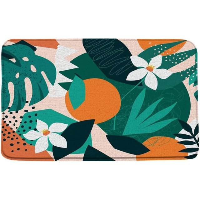 Abstract Boho Floral Bath Mat Tropical Green Leaves Mid Century Modern Cute Fruit Palm Leaf Teal