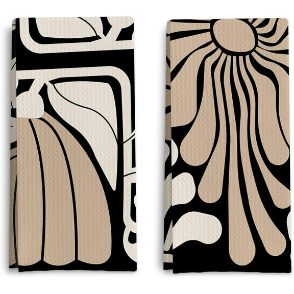 Abstract Boho Floral Kitchen Towels Set of 2, Retro Groovy Dish Towels for Kitchen, Vintage Boho Hand Towels for Bathroom, 16x24in