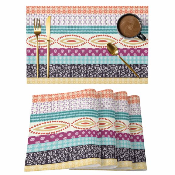 Abstract Boho Flower Leaf Placemats Set of 6,Wipeable Washable Table Mats for Dining Tables, Traditional Ethnic Stripe Plaid Place Mats for Kitchen Event Party Tabletop Decor