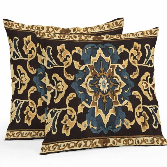 Abstract Boho Flower Pattern Brown Outdoor Pillow Covers Pack of 2 Yellow Blue Rustic Tribal Waterproof Throw Pillow Covers Decorative Cushion Cases for Patio Garden Tent Balcony Couch 16x16 inch