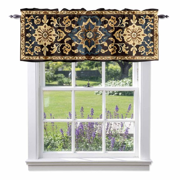 Abstract Boho Flower Pattern Brown Valances for Windows, Yellow Blue Rustic Tribal Rod Pocket Short Window Valance Curtains Holiday Window Treatment for Kitchen Living Room Bathroom 42" x 12"