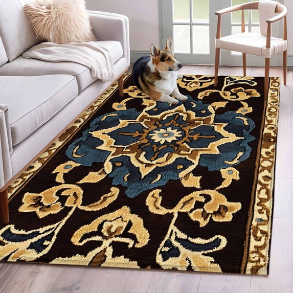 Abstract Boho Flower Pattern Brown Washable Area Rug 4x6 Yellow Blue ...
