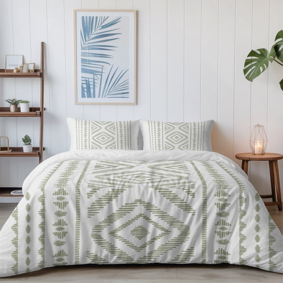 Abstract Boho Geometric Art California King Size Bed Set,White Green Line Triangle Diamond 4 Pcs Bedding Set with 1 Quiltcover (96"x104"),1 Sheet (110"x98"),2 Pillowcases (20"x36")