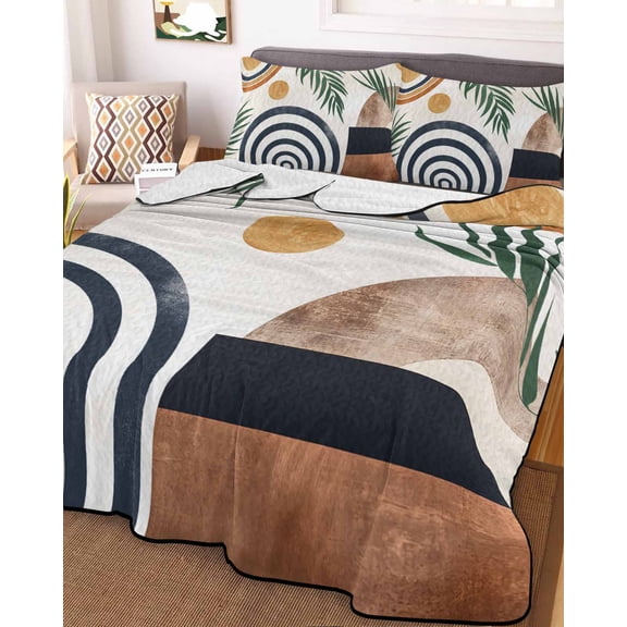 Abstract Boho King Size Down Alternative Comforter, Lightweight Comforter Quilt Bedding Set with Pillow Shams Bohemian Palm Leaf Geometric Leaf Circle All Seasons Bed Comforter Duvet Insert 96"x106"