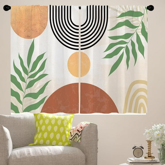 Abstract Boho Kitchen Curtains Modern Mid Century Sun Curtains Aesthetic Bohemian Arch Short Cafe Tier Curtains Geometric Green Leaf Bathroom Window Treatment Tiers Drape 26x36 Inch 2 Panels