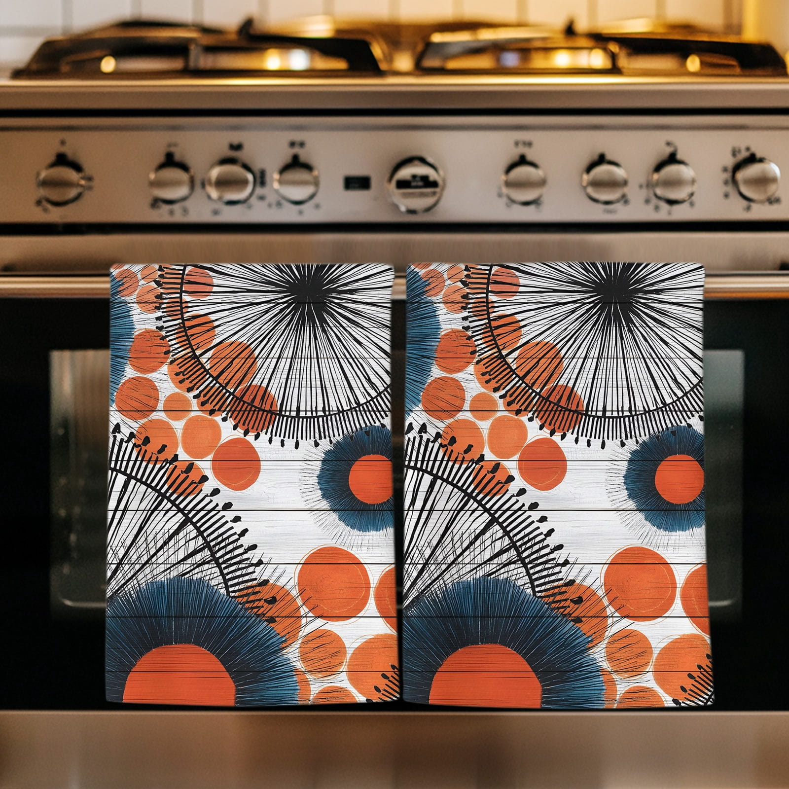Abstract Boho Kitchen Towels Set of 1, Flowers Orange Polka Dots Grey ...