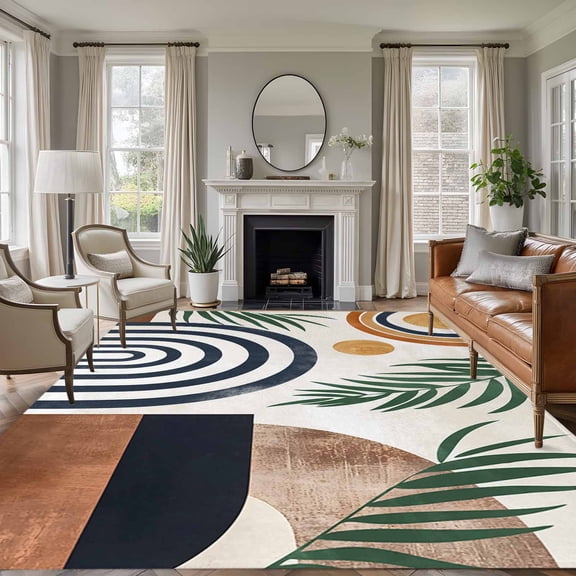 Abstract Boho Large Area Rug 8x10 FT, Non Slip Living Room Throw Carpet, Bohemian Palm Leaf Geometric Leaf Circle Washable Soft Indoor Outdoor Carpet Non-Shedding Rug for Bedroom Dining Room