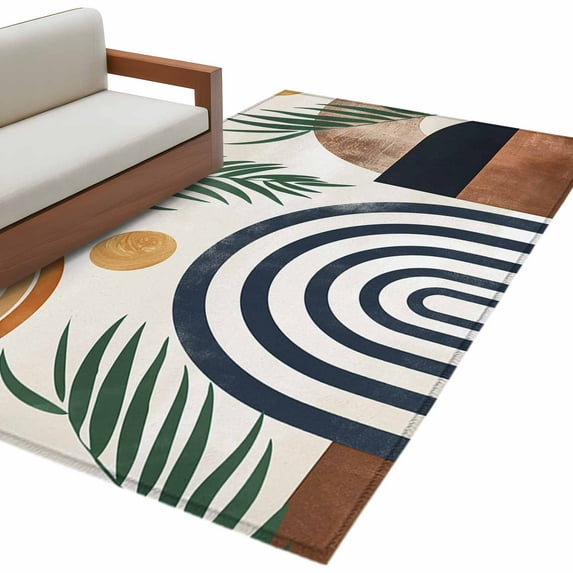 Abstract Boho Large Area Rugs for Bedroom Living Room, Non Slip Carpet Bedside Rug, Bohemian Palm Leaf Geometric Leaf Circle Rectangular Floor Cover Kitchen Accent Rug 4'x6' for Dining Room/Office