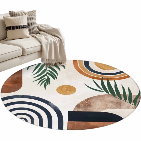 Abstract Boho Large Area Rugs for Bedroom Living Room, Soft Non Slip Carpet Bedside Rug, Bohemian Palm Leaf Geometric Leaf Circle Round Floor Cover Kitchen Accent Rug 3' for Dining Room/Office