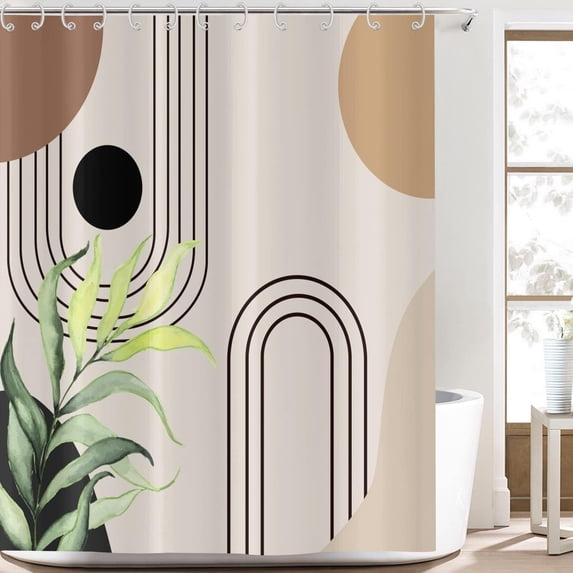 Abstract Boho Leaf Shower Curtains, Weighted Bottom Mid Century Modern Bohemian Terracotta Minimalist Geometric Arch Botanical Bathroom Curtain Waterproof Fabric Washable with Hooks,36"x72"