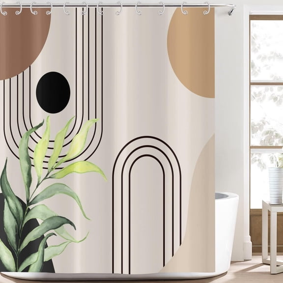 Abstract Boho Leaf Shower Curtains, Weighted Bottom Mid Century Modern Bohemian Terracotta Minimalist Geometric Arch Botanical Bathroom Curtain Waterproof Fabric Washable with Hooks,36"x72"