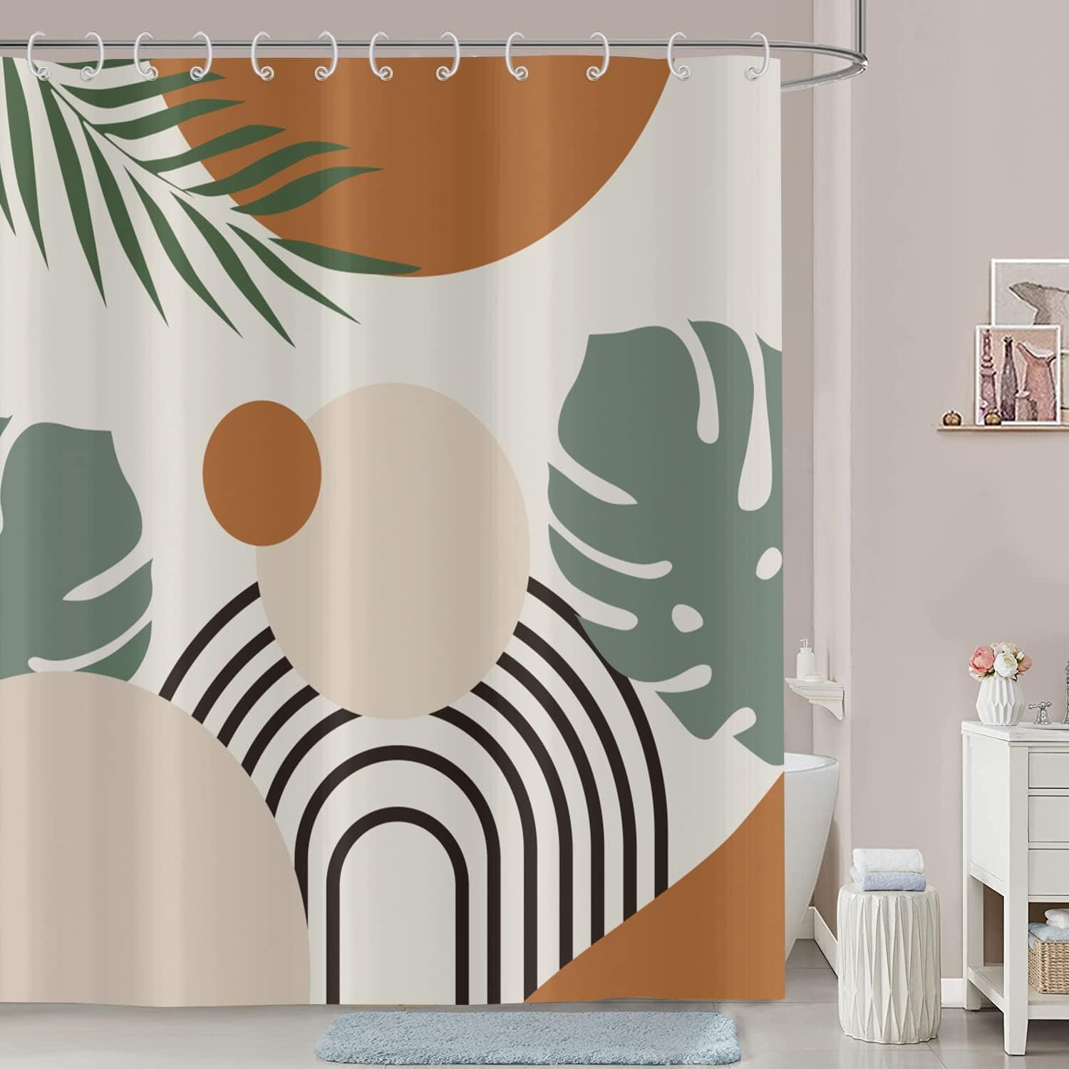 Abstract Boho Leaf Shower Curtains, Weighted Bottom Mid Century Modern
