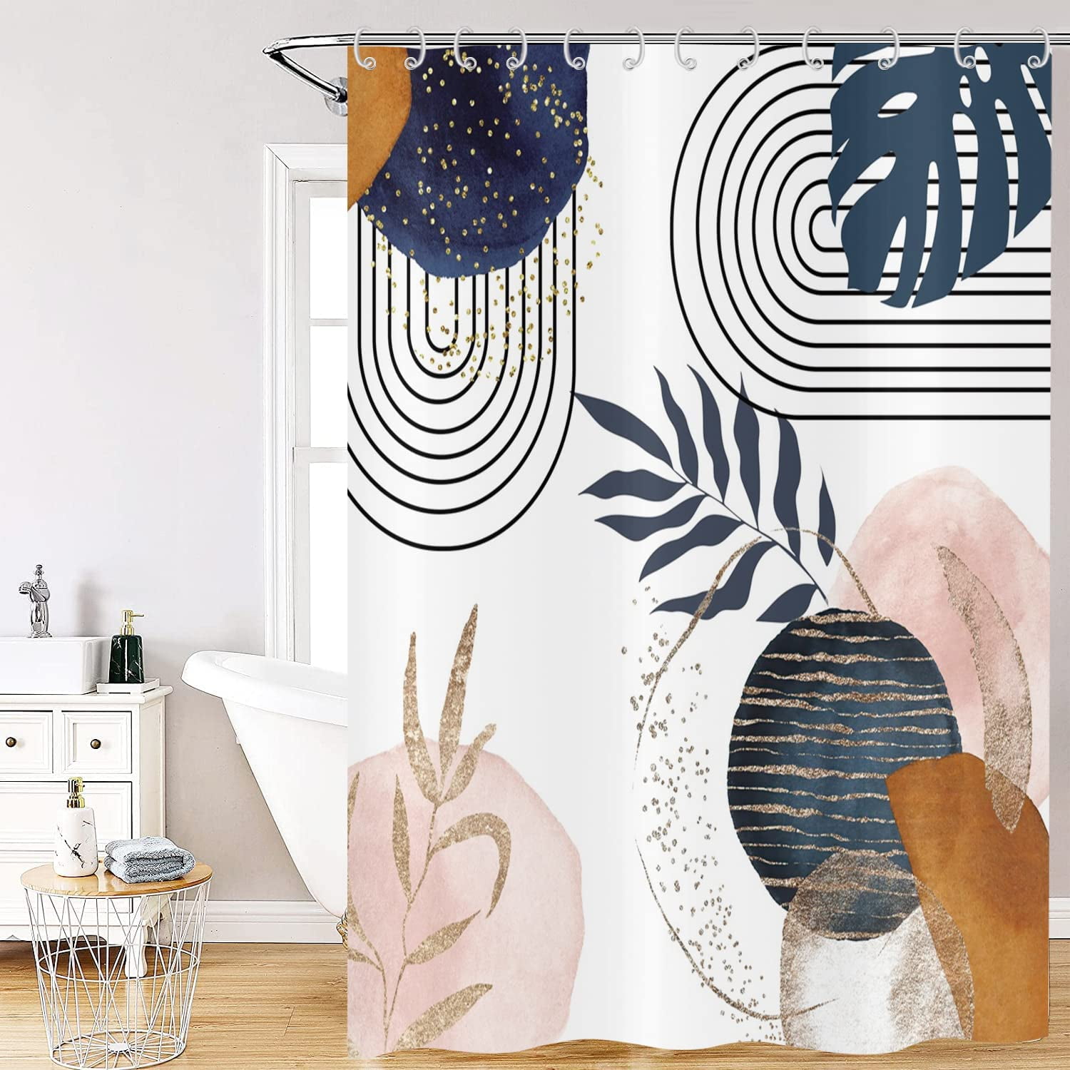 Abstract Boho Leaf Shower Curtains, Weighted Bottom Pink Navy Blue