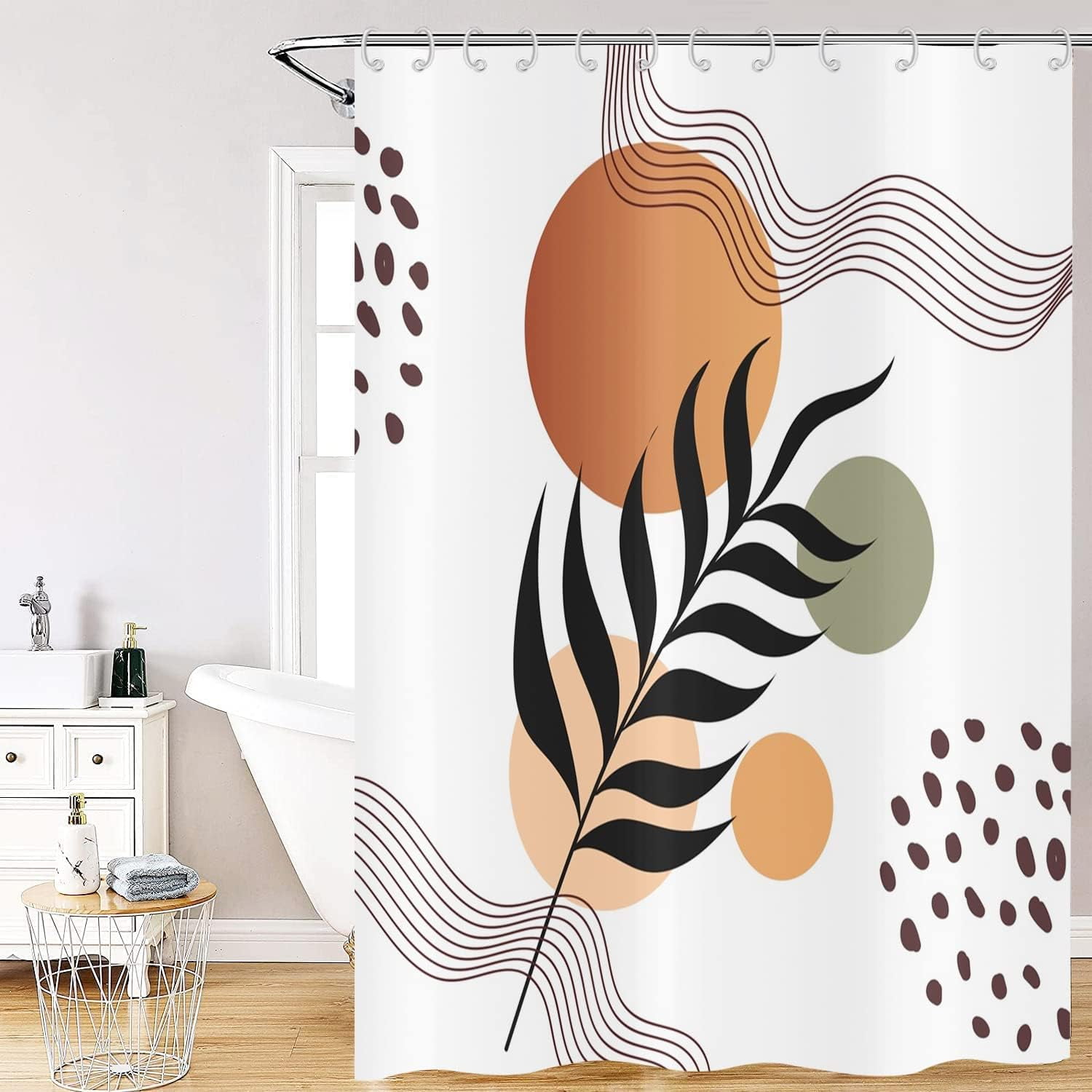 Abstract Boho Leaf Shower Curtains, Weighted Bottom White Green
