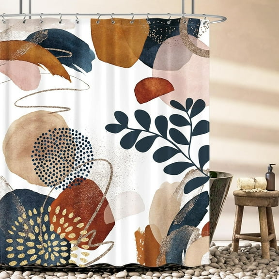 Abstract Boho Mid Century Shower Curtain 72Wx84H Inches Navy Blue Gold Colorful Modern Geometric Leaves Plant Neutral Minimalist Cloth Fabric Polyester Bathroom Home Decor Set with Hooks