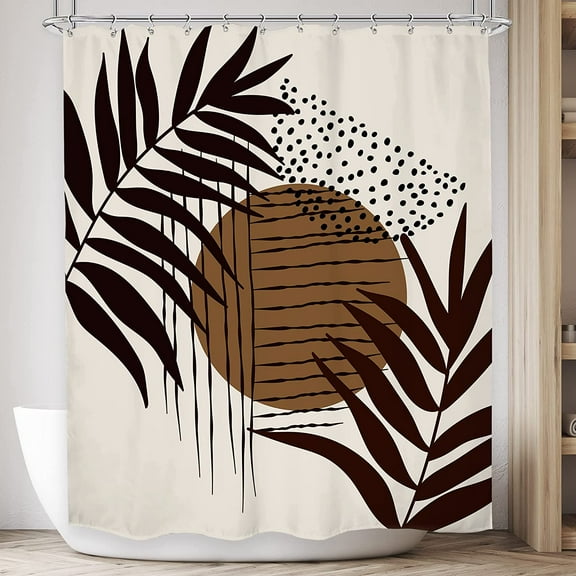 Abstract Boho Mid Century Shower Curtain Bathroom Set 72Wx84H Inches Modern Brown Palm Leaves Shower Curtain Bath Accessories Aesthetic Geometric Minimalist Art Home Decor Fabric 12 Pack Hooks