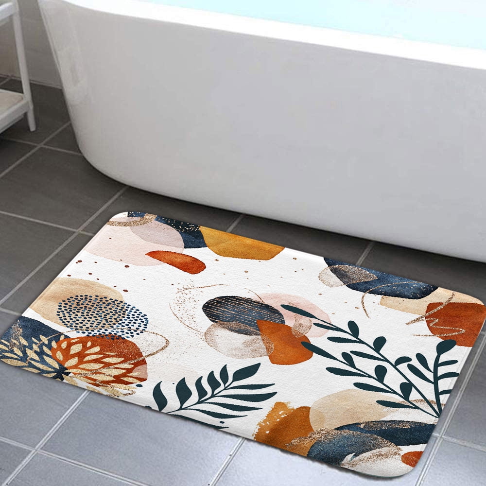 Abstract Boho Nonslip Bath Mats Rugs,Navy Blue Gold Leaves Plants
