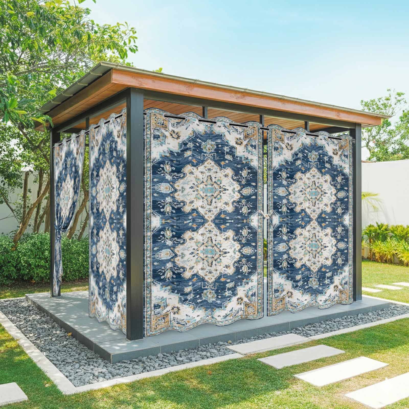 Abstract Boho Outdoor Curtains for Patio, Vintage Deep Blue Beige Botanical Texture Sunshade Privacy Drapes Grommet Waterproof Outside Curtains for Porch/Cabana/Balcony 54"x 108", 2 Panel