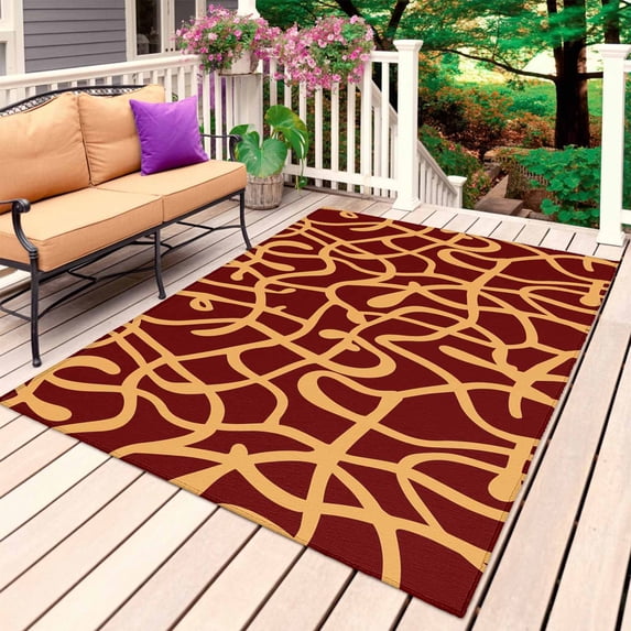 Abstract Boho Outdoor Rug for Patio/Deck/Porch, Non-Slip Large Area Rug 5 x 7 Ft, Middle Century Rustic Orange Red Texture Indoor Outdoor Rugs Washable Area Rugs, Reversible Camping Rug Carpet Runner